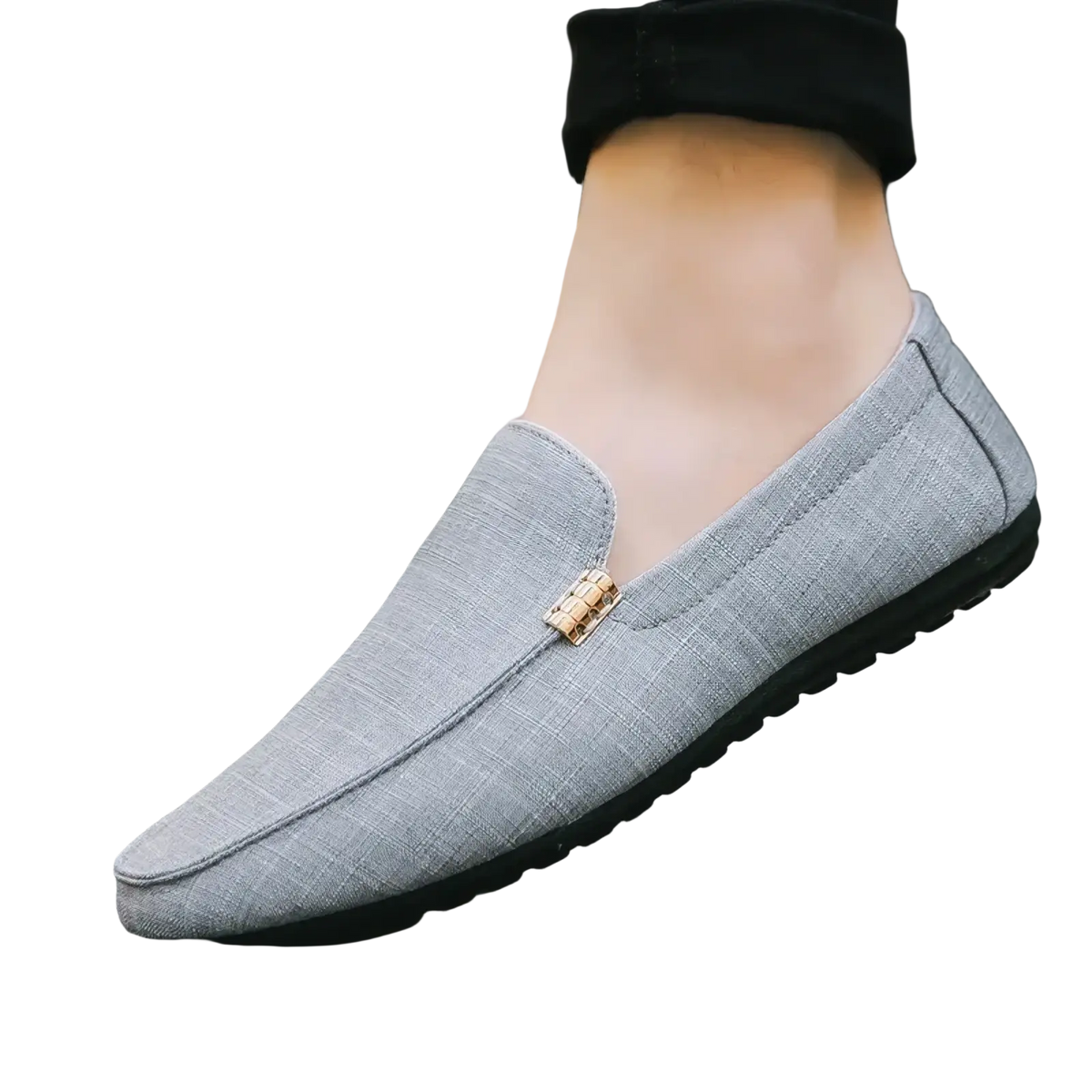 Gray textured canvas slip-on loafers for men with gold-tone rectangular buckle detail luxury dress shoes