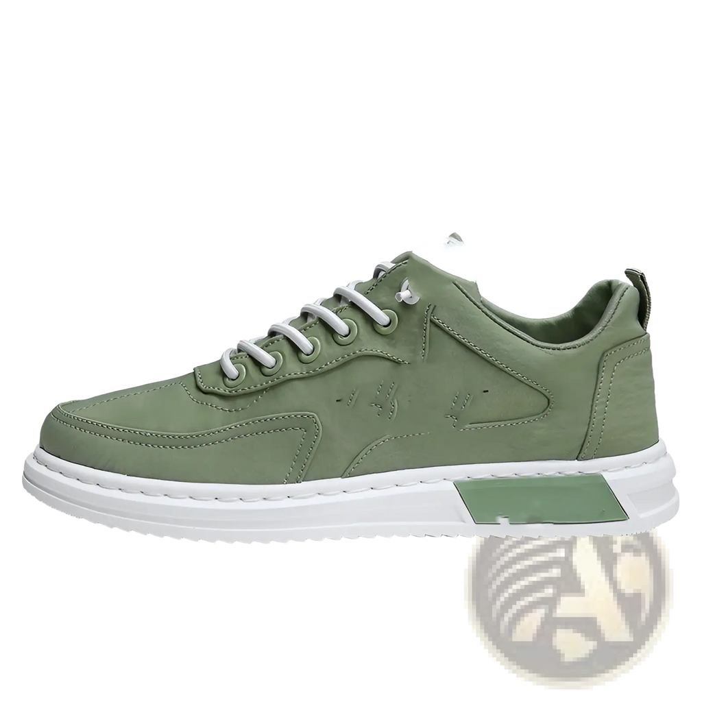 Olive green suede low-top canvas sneaker with white laces and contrasting white rubber sole for casual sports use