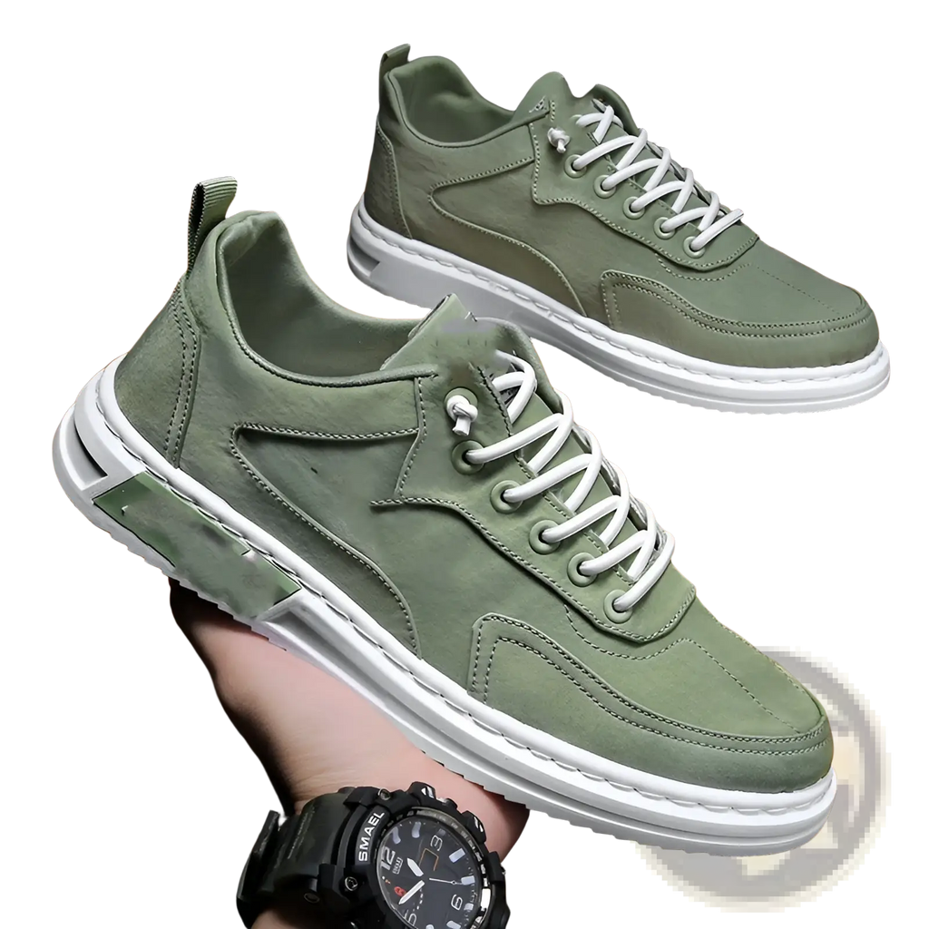 Olive green suede canvas sneakers with white laces and chunky white rubber sole for casual sports use