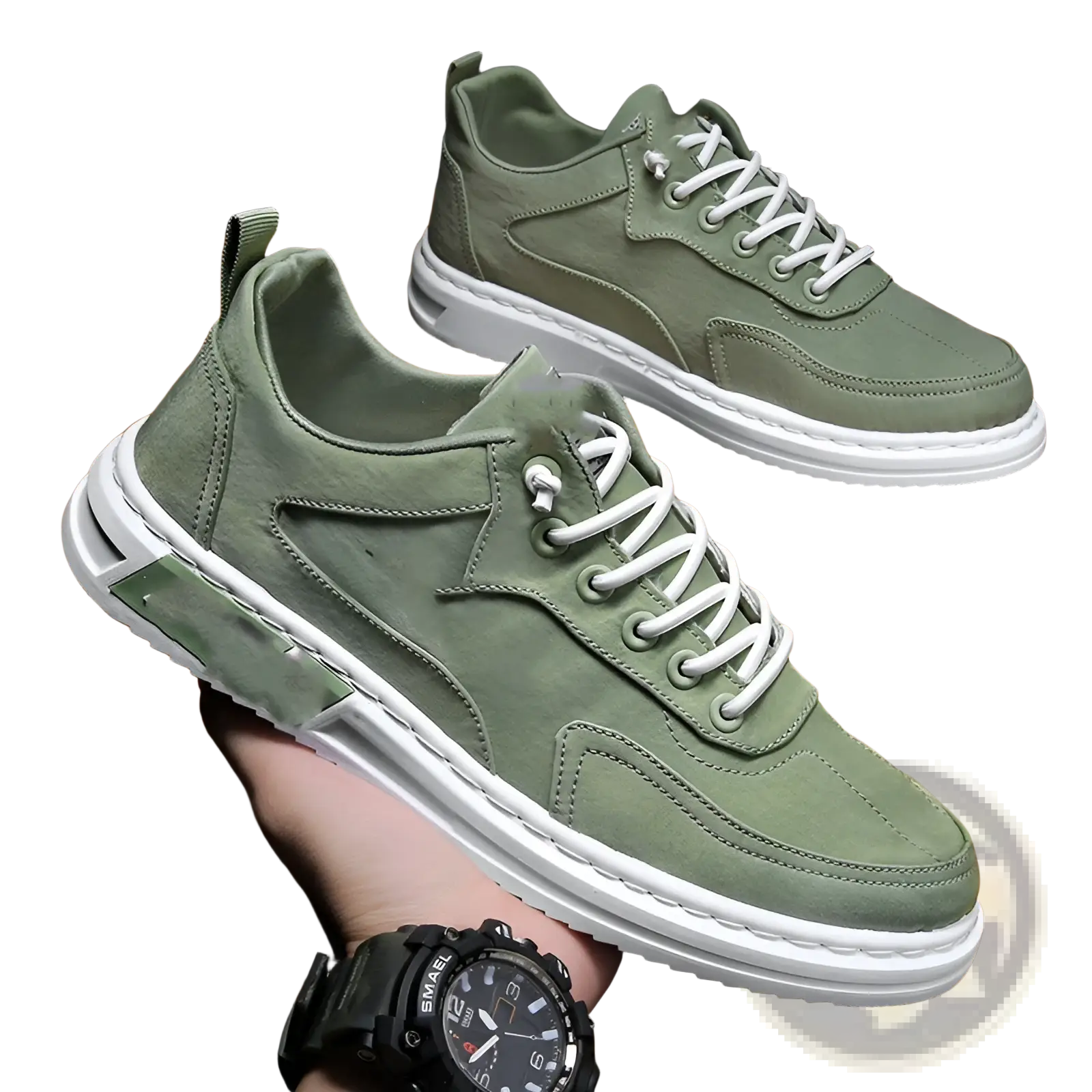 Olive green suede canvas sneakers with white laces and chunky white rubber sole for casual sports use