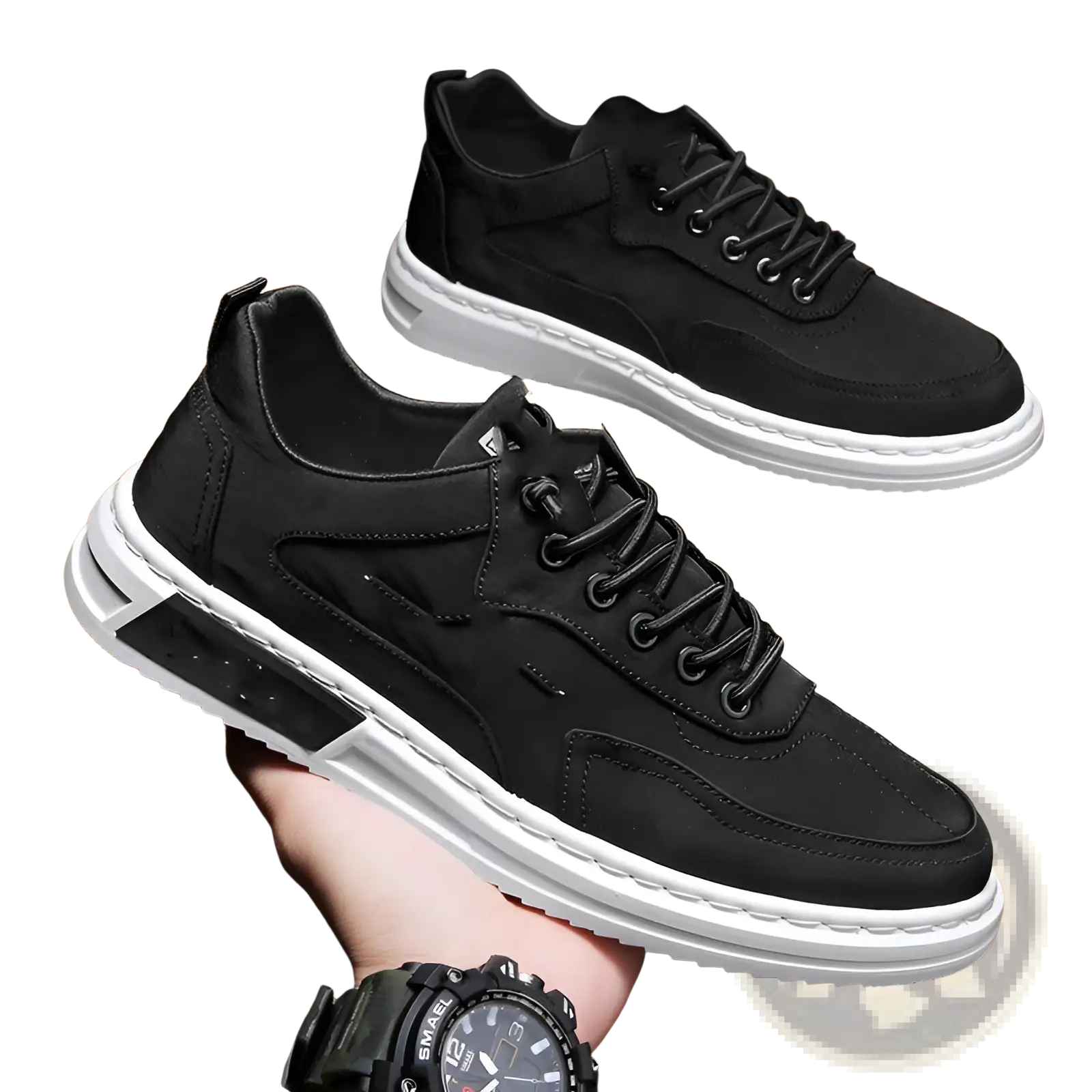 Black suede canvas sneakers with white rubber soles and black laces for trendy casual sportswear