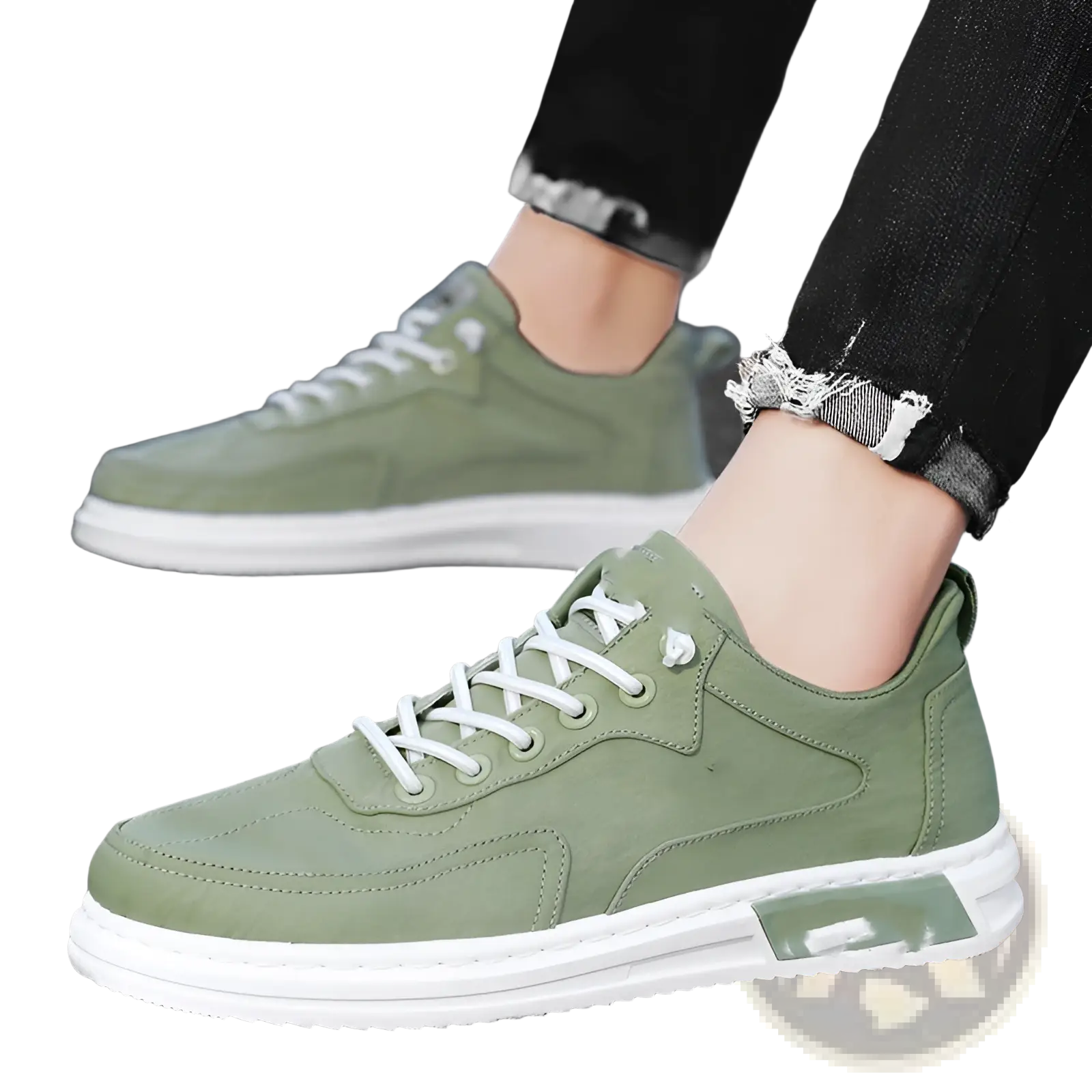 Olive green suede canvas sneakers with white laces and translucent air cushion sole for casual sports use