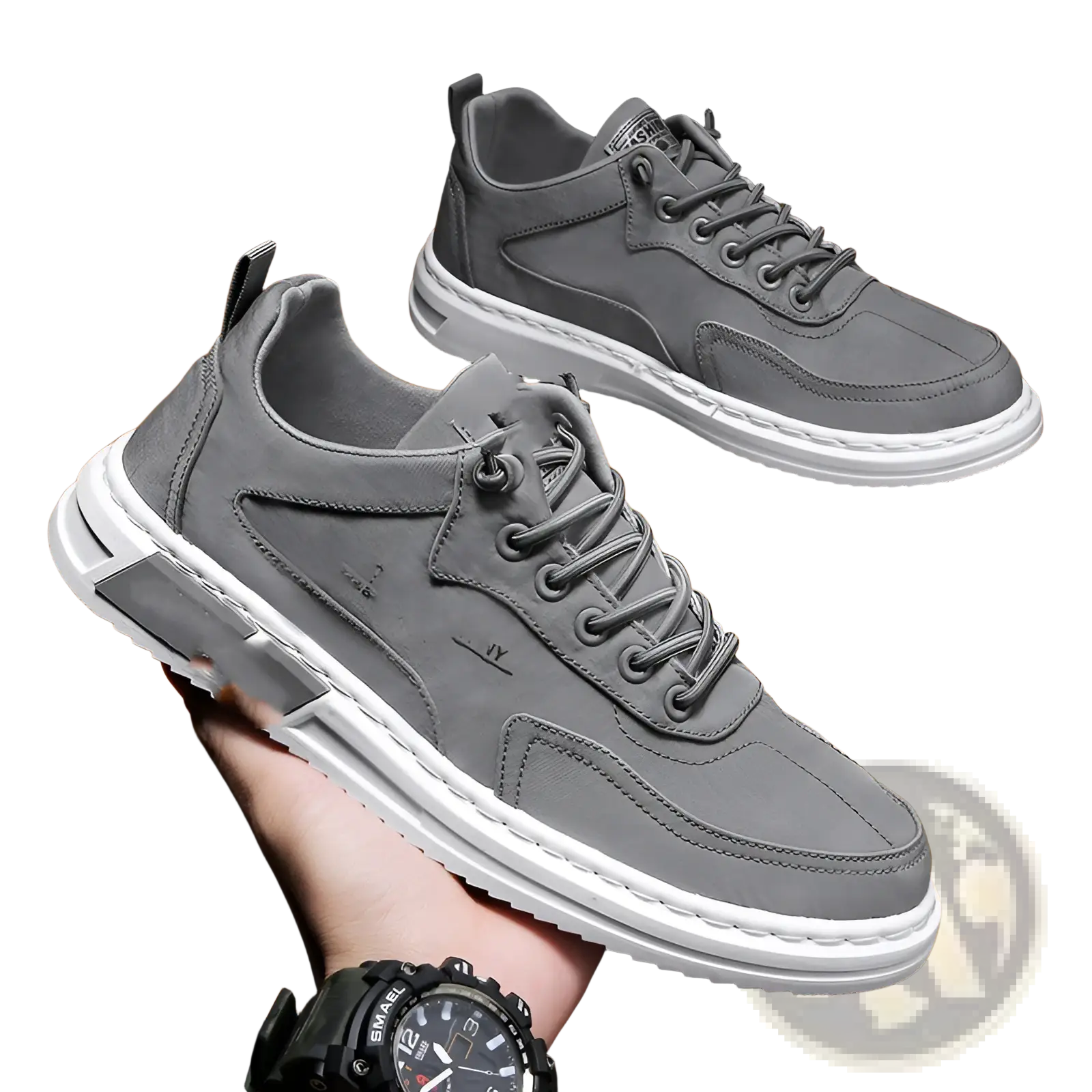 Gray suede and canvas casual sports sneakers with white rubber soles and laces for trendy everyday wear