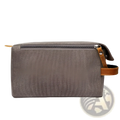 Army green canvas toiletry bag with tan leather pull tab and zipper for large portable travel storage case