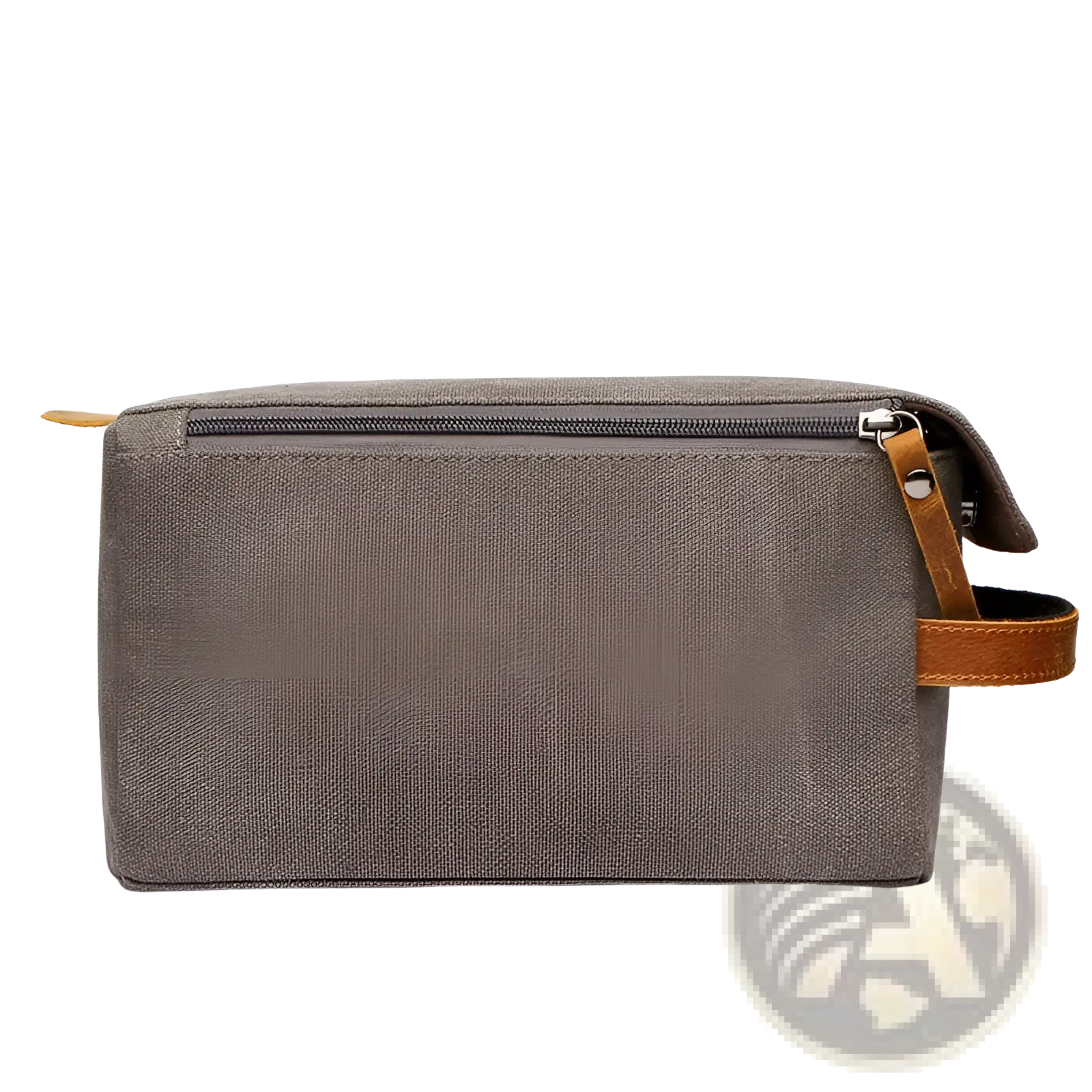Army green canvas toiletry bag with tan leather pull tab and zipper for large portable travel storage case