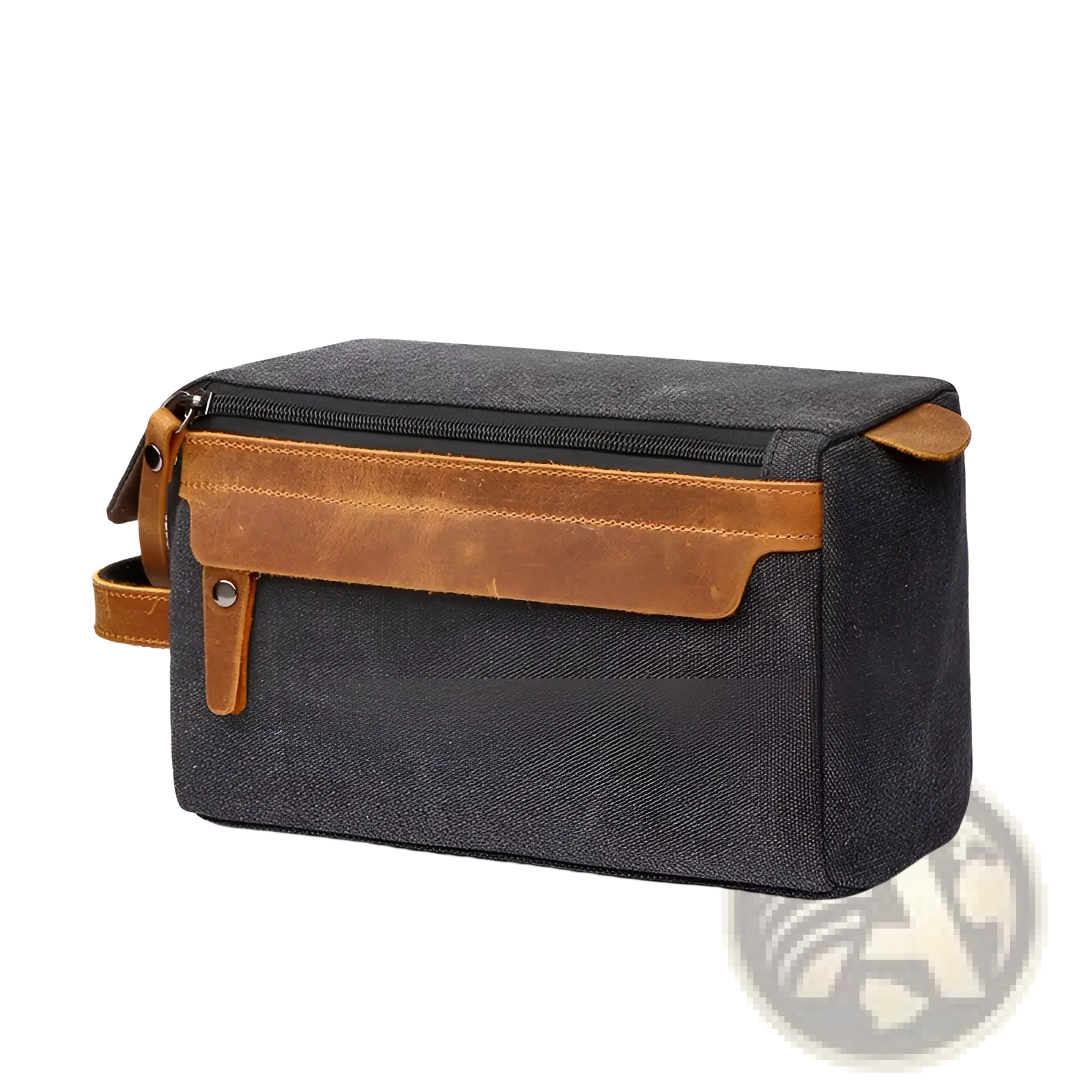 Dark gray canvas toiletry bag with tan leather accents and zipper closure for large portable travel storage case