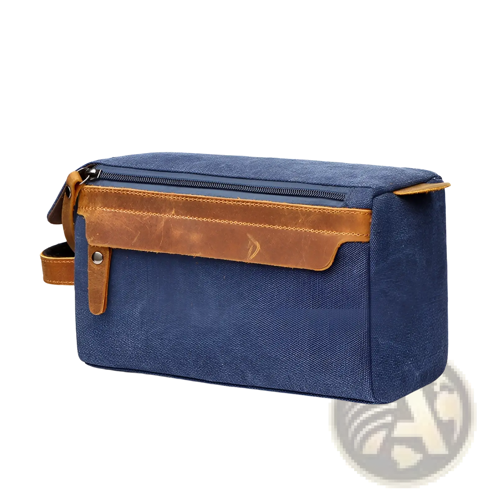 Blue canvas toiletry bag large portable travel storage case with tan leather accents and zipper closure