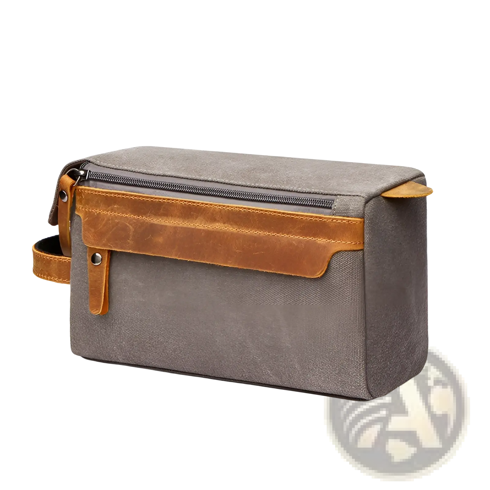 Gray canvas toiletry bag large portable travel storage case with tan leather accents and zipper closure