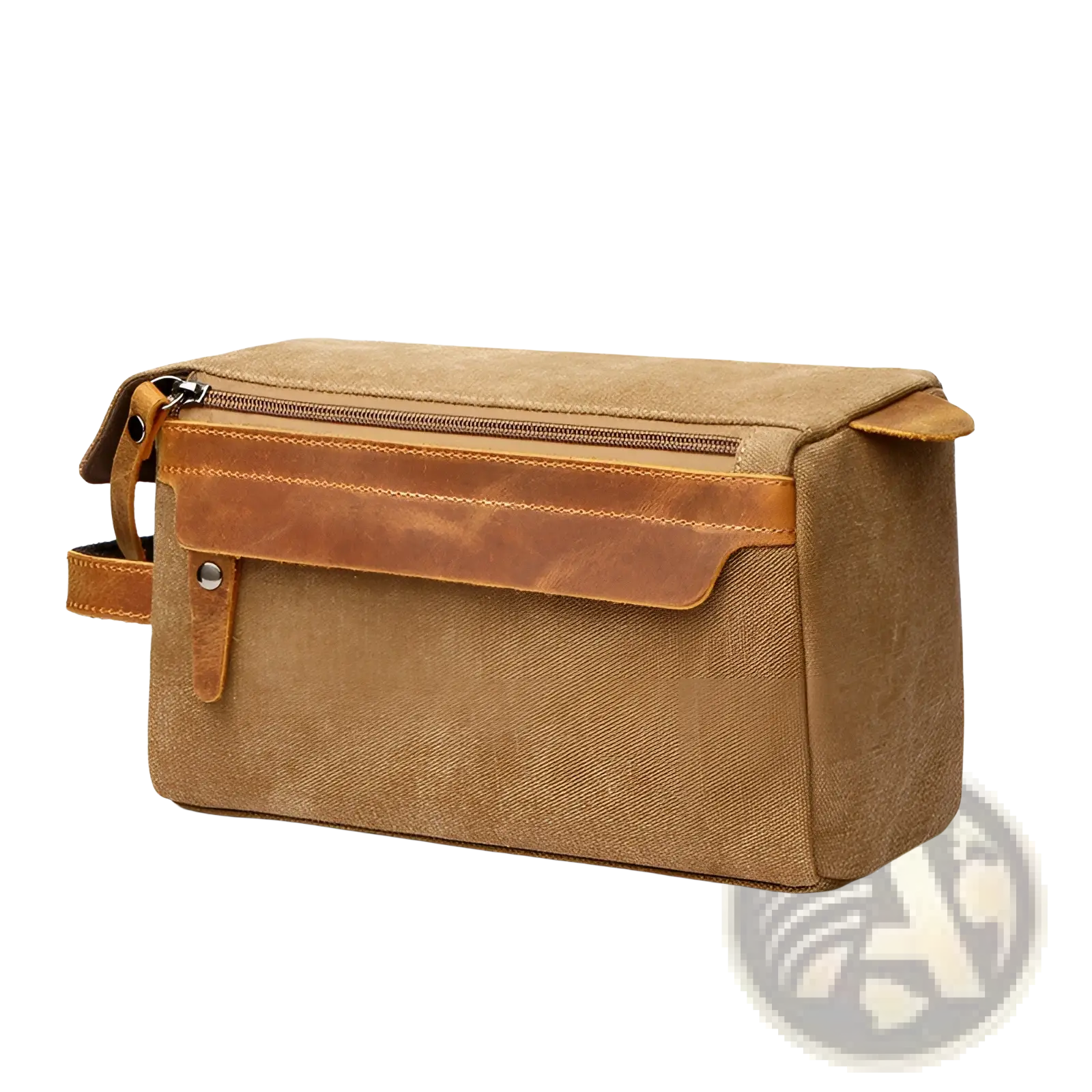 Tan canvas toiletry bag with brown leather accents and zipper closure large portable travel storage case