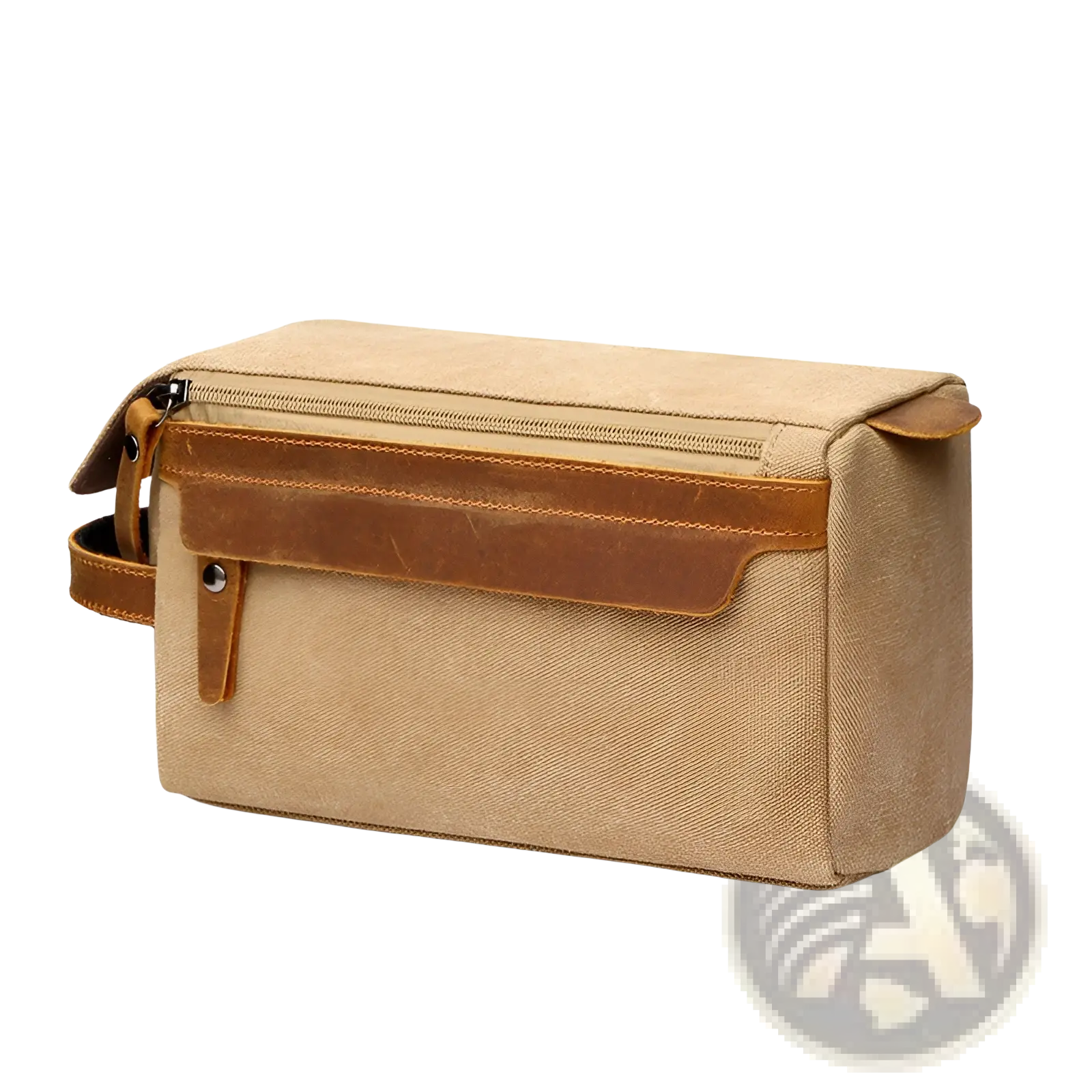 Beige canvas toiletry bag with brown leather accents and zipper closure large portable travel storage case