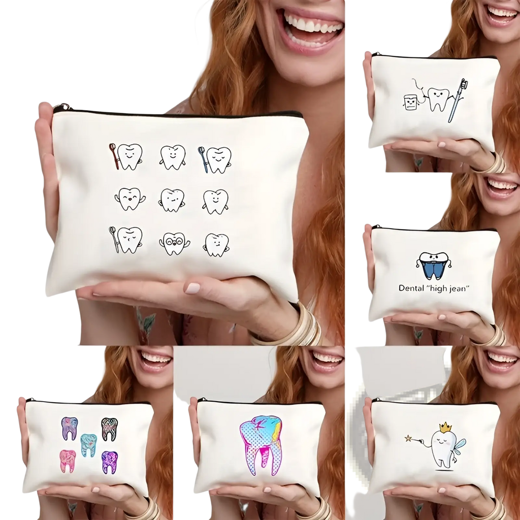 White canvas tooth pouch with black zipper and colorful cartoon tooth designs for travel and cosmetics storage