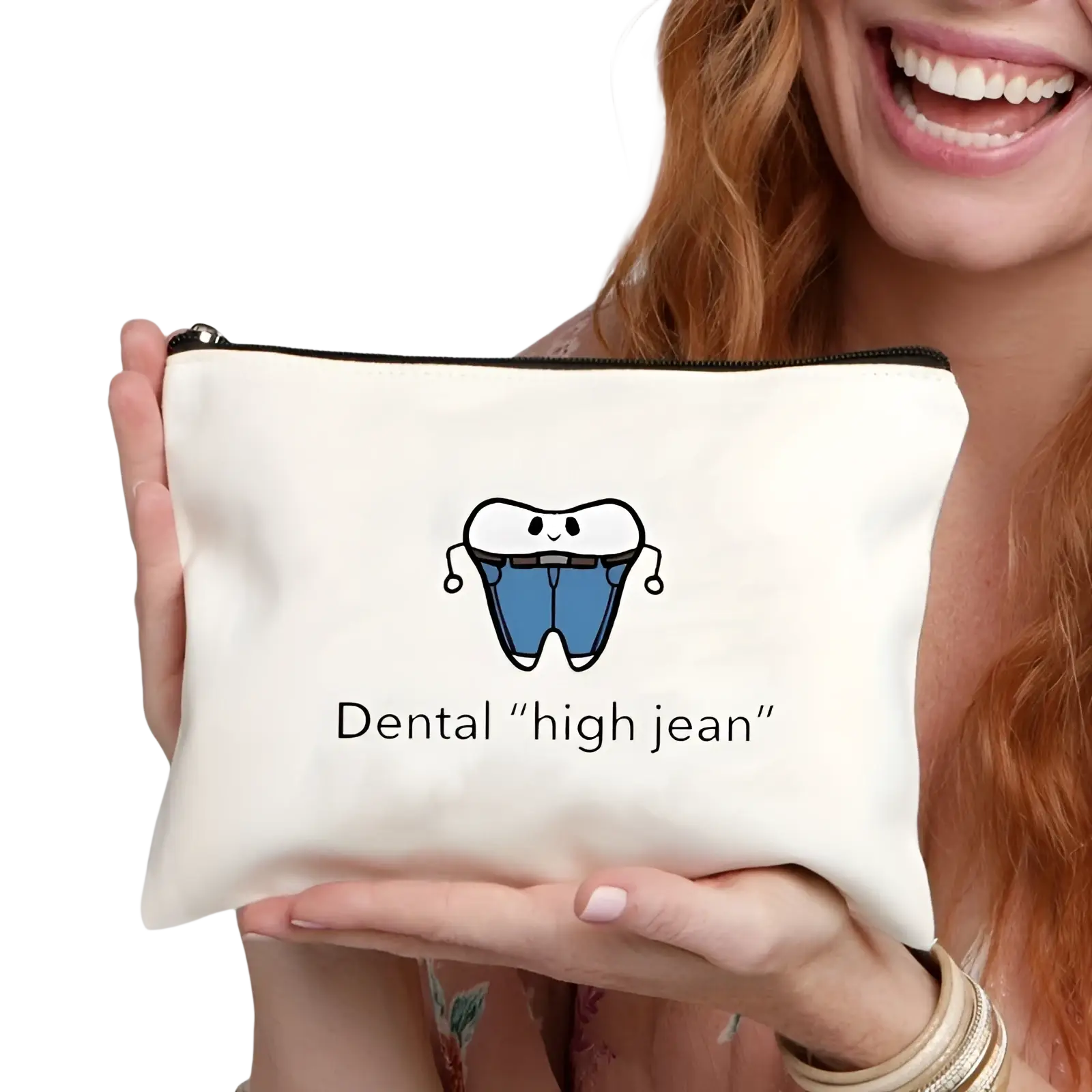 White canvas zipper pouch featuring a cartoon tooth in blue jeans and dental high jean text for travel use
