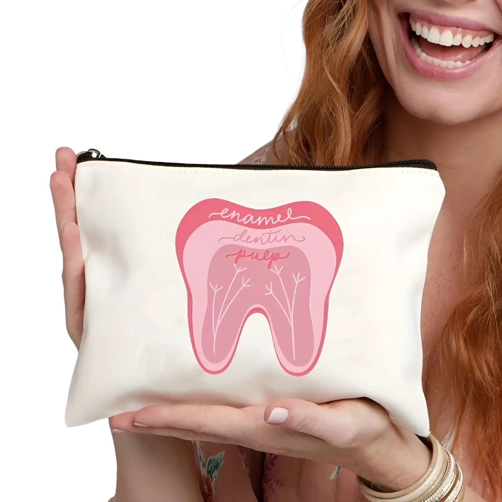 White canvas fabric tooth pouch featuring pink anatomical tooth illustration labeled enamel dentin and pulp for travel use