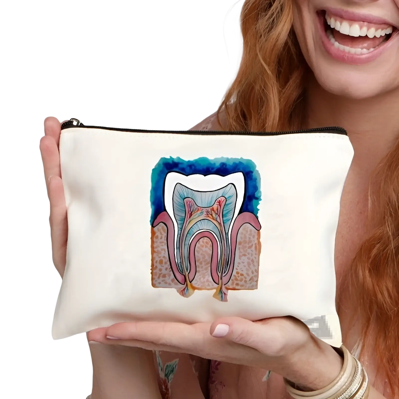 White canvas tooth pouch featuring a colorful watercolor tooth cross-section in blue pink and orange details