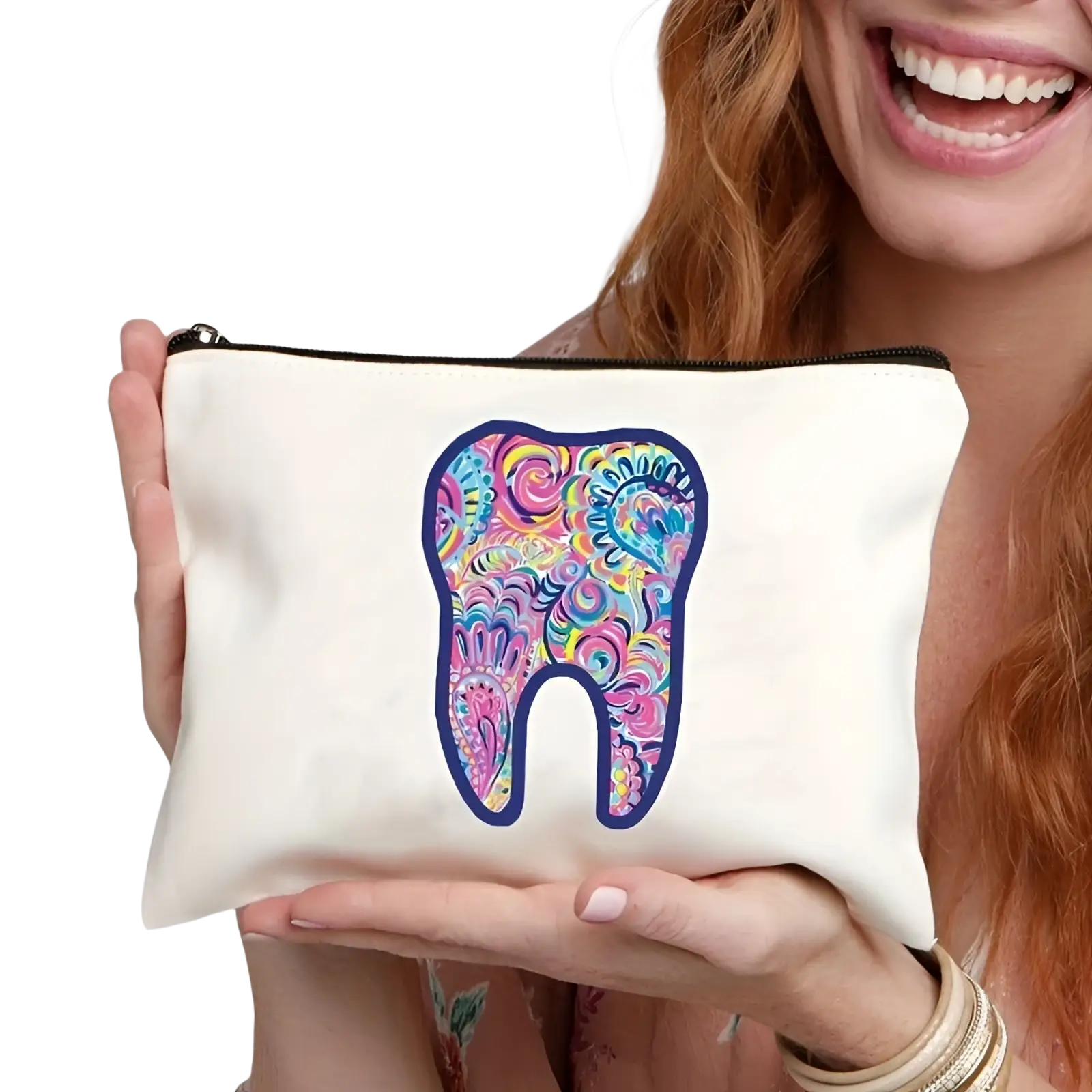 A white canvas tooth pouch featuring a vibrant psychedelic tooth design in pink blue and yellow for travel use