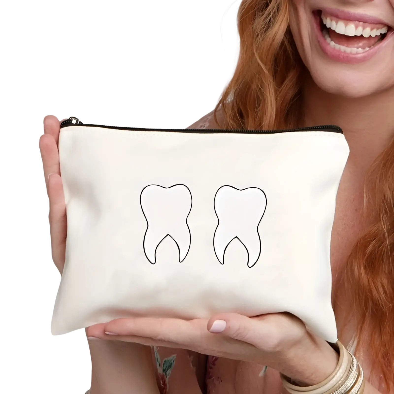 White canvas zipper pouch with two black outlined tooth designs in a travel case called canvas tooth pouch not a bag of teeth