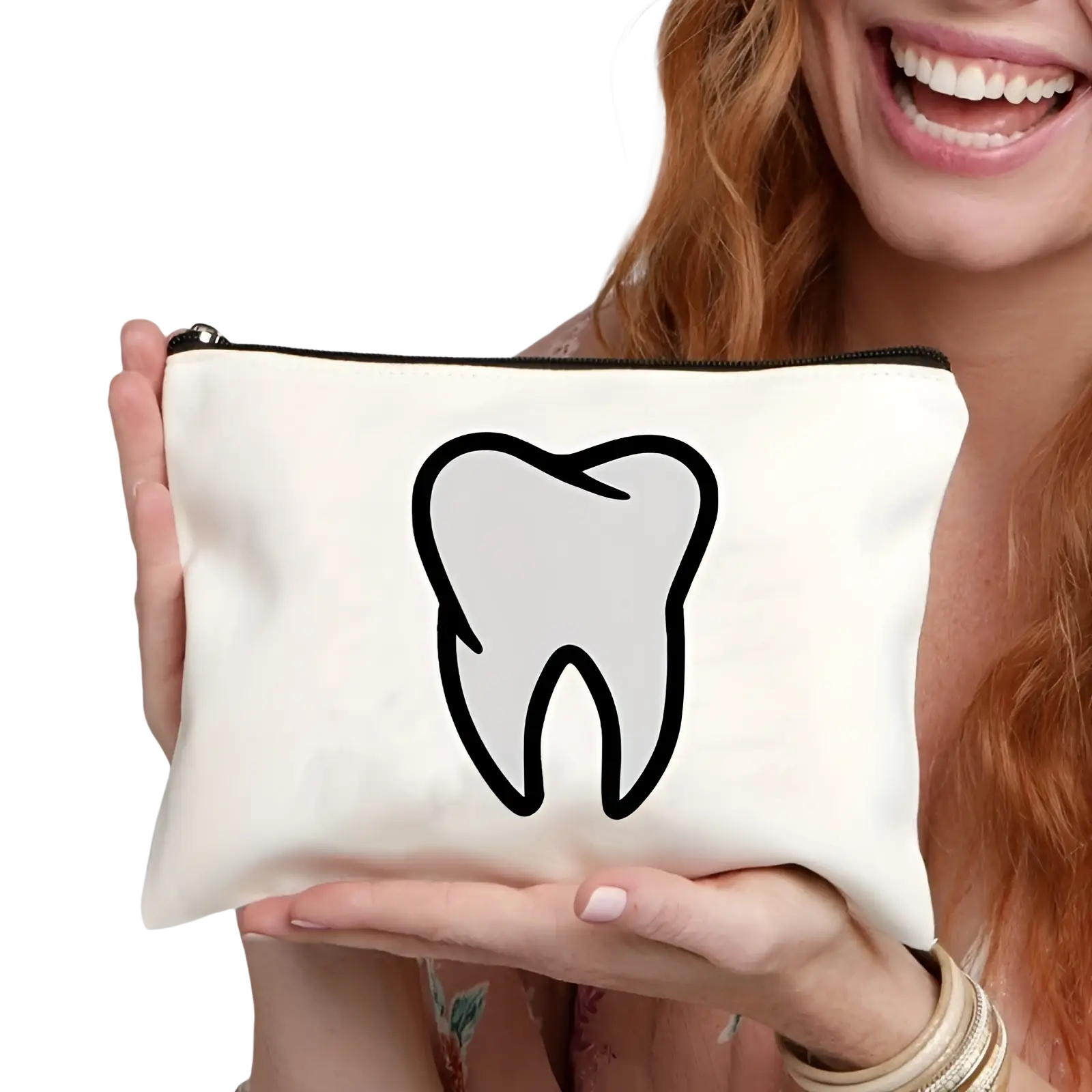 Canvas tooth pouch white fabric with black tooth outline design cosmetic bag for travel case use