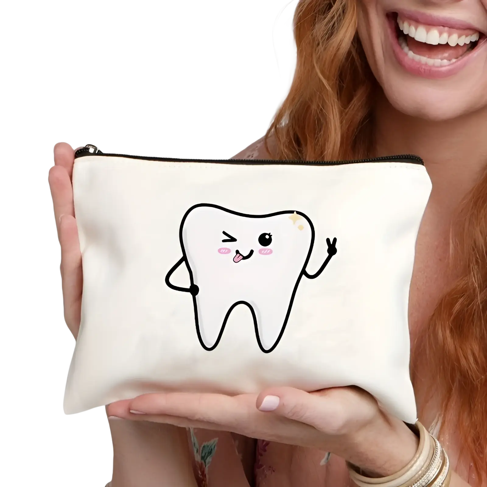 White canvas tooth pouch featuring a cute cartoon tooth design with black outlines and pink cheeks for travel use