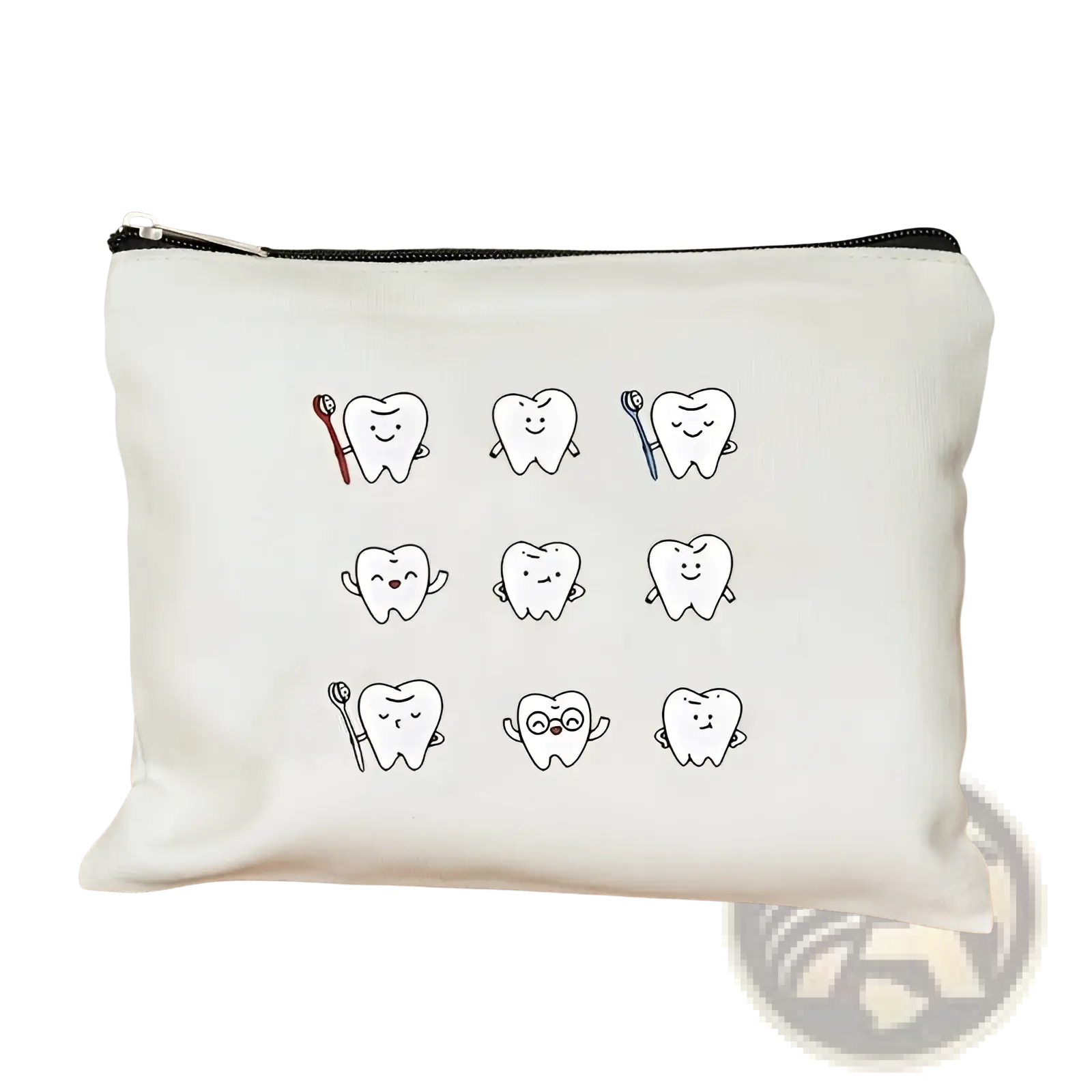 White canvas zipper pouch featuring playful cartoon teeth grid and dental tools for travel storage or organization