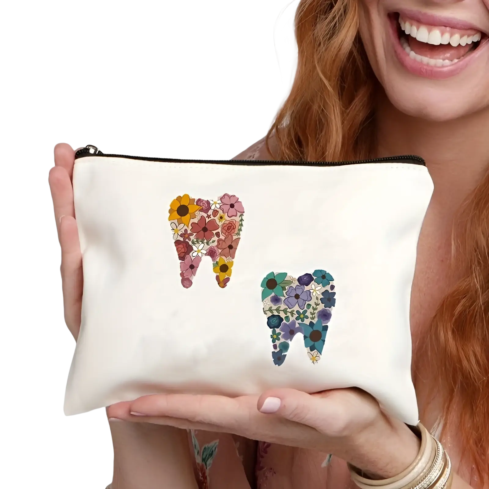 White canvas tooth pouch with embroidered colorful floral tooth designs for cosmetic or travel use