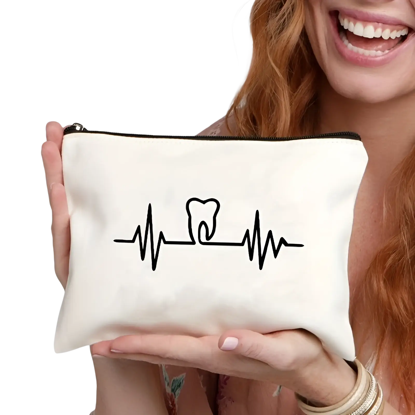 Canvas tooth pouch white fabric with black zipper and minimalist dental heartbeat design featuring outlined tooth