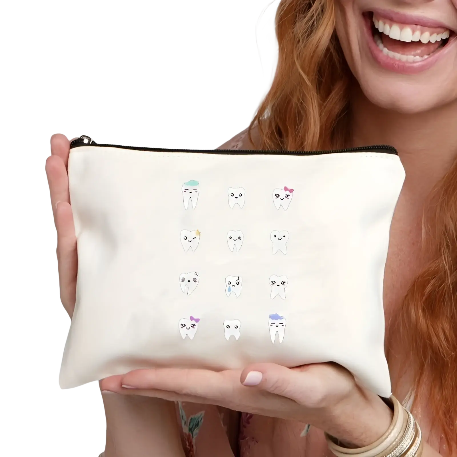 Off-white canvas tooth pouch with black zipper featuring colorful cartoon teeth grid for travel use
