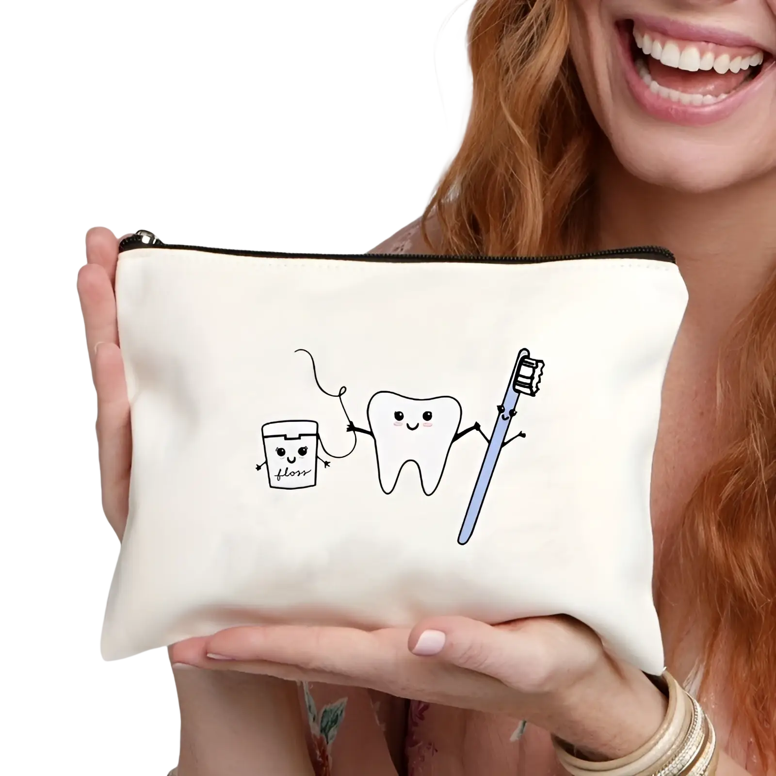 Cream-colored canvas tooth pouch with zipper featuring black line drawing of smiling tooth toothbrush and floss container