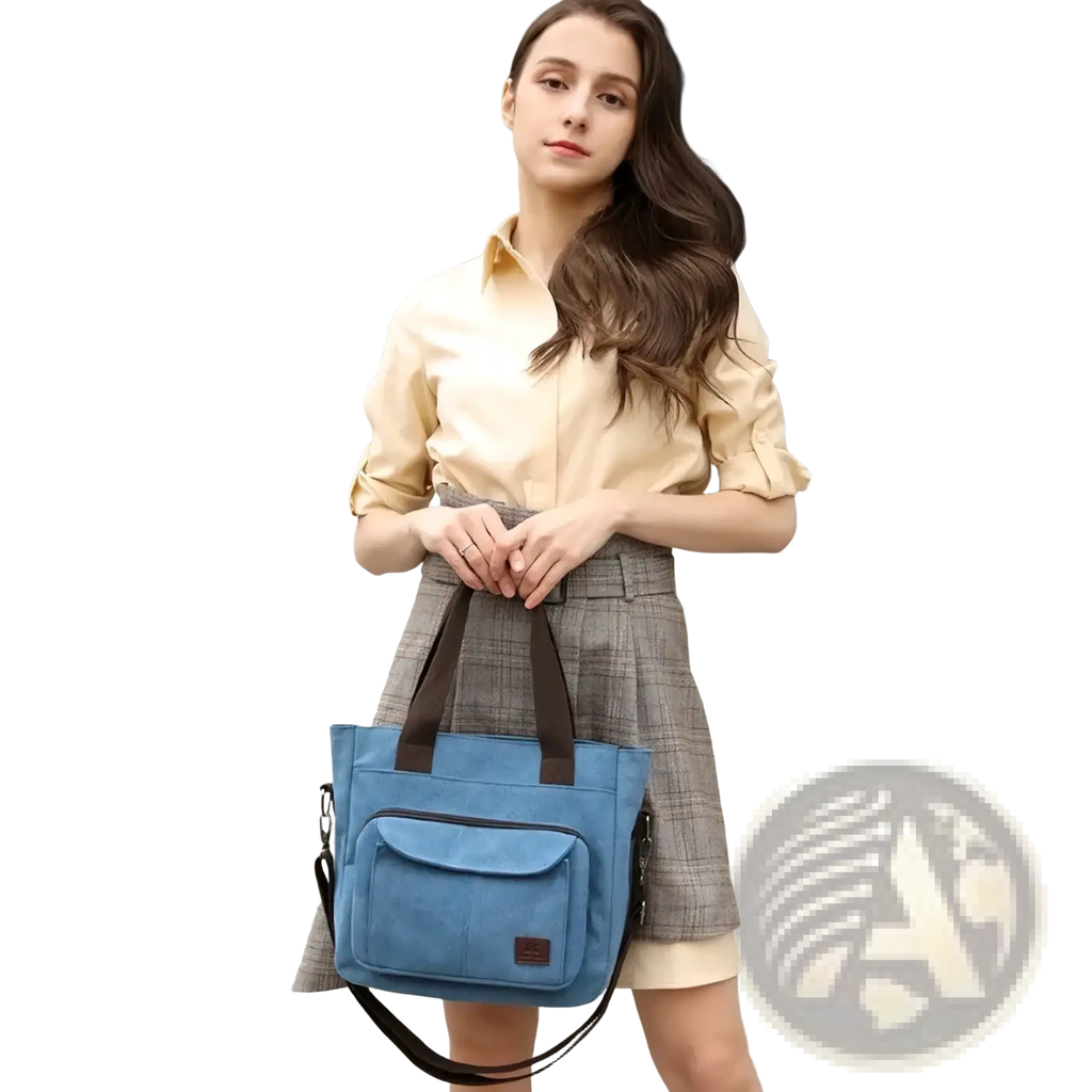 Blue canvas tote bag with brown handles and detachable black shoulder strap designed for work and everyday use