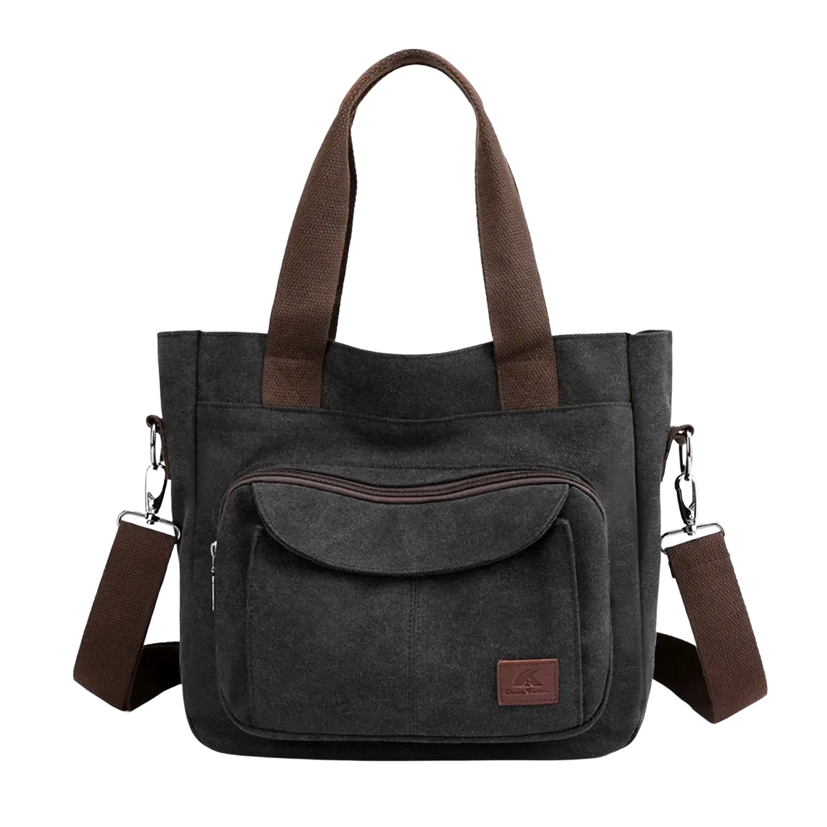 Dark gray canvas tote bag with brown fabric handles and shoulder strap featuring a zippered front pocket for work use