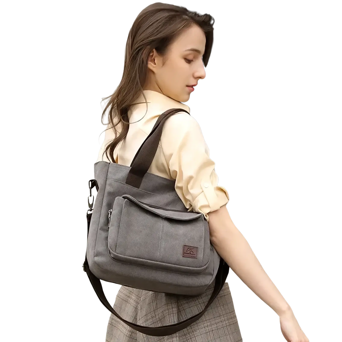 Gray canvas tote bag with brown straps multipocket shoulder handbag featuring a front pocket and small logo patch