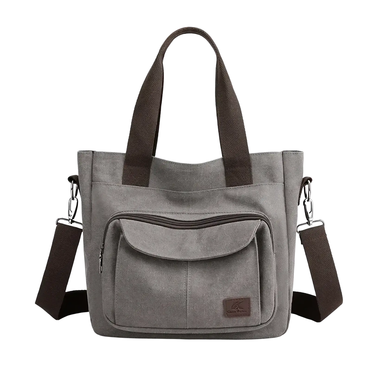 Gray canvas tote bag with dark brown handles and adjustable shoulder strap for multipocket work use