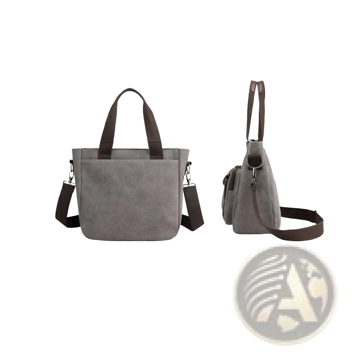 Gray canvas tote bag with brown leather handles and shoulder strap designed for multipocket work use