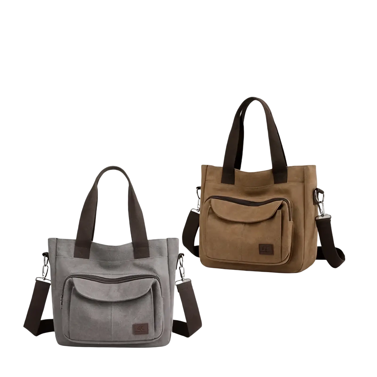 Gray and brown canvas tote bags with multipockets sturdy handles and adjustable shoulder straps for work use