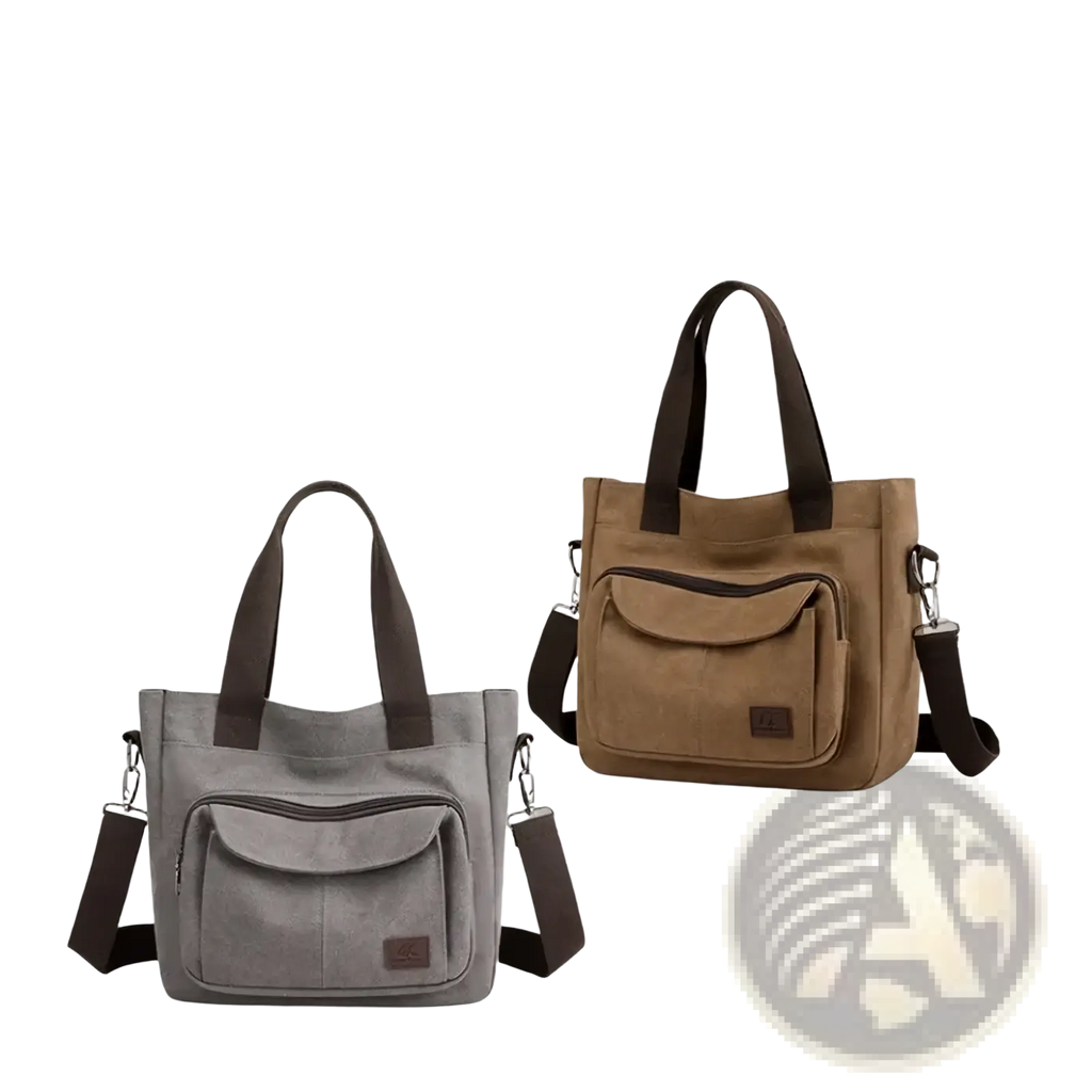 Gray and brown canvas tote bags with multipockets sturdy handles and adjustable shoulder straps for work use