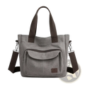 Gray canvas tote bag with dark brown handles and adjustable shoulder strap for multipocket work use