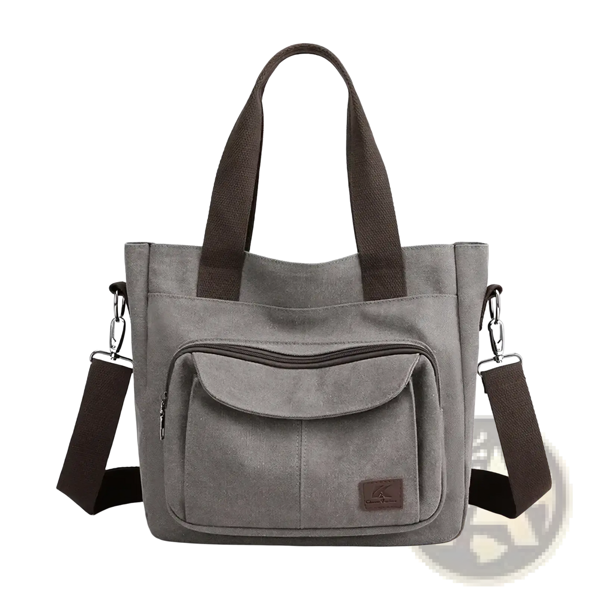 Gray canvas tote bag with dark brown handles and adjustable shoulder strap for multipocket work use
