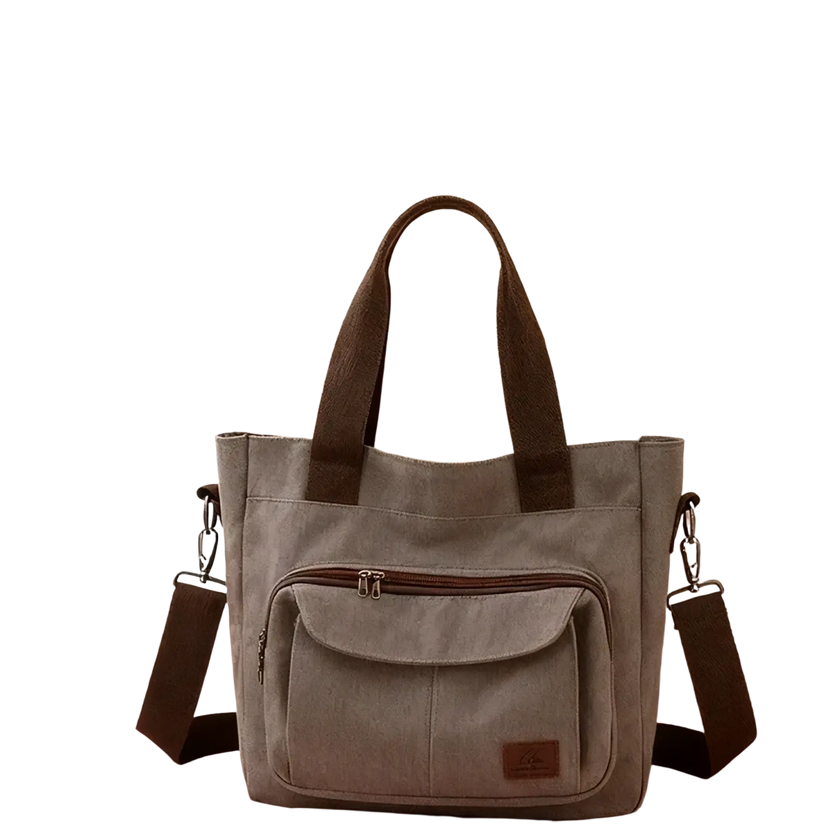 Gray canvas women’s large tote bag with brown fabric handles and shoulder strap multipocket work handbag