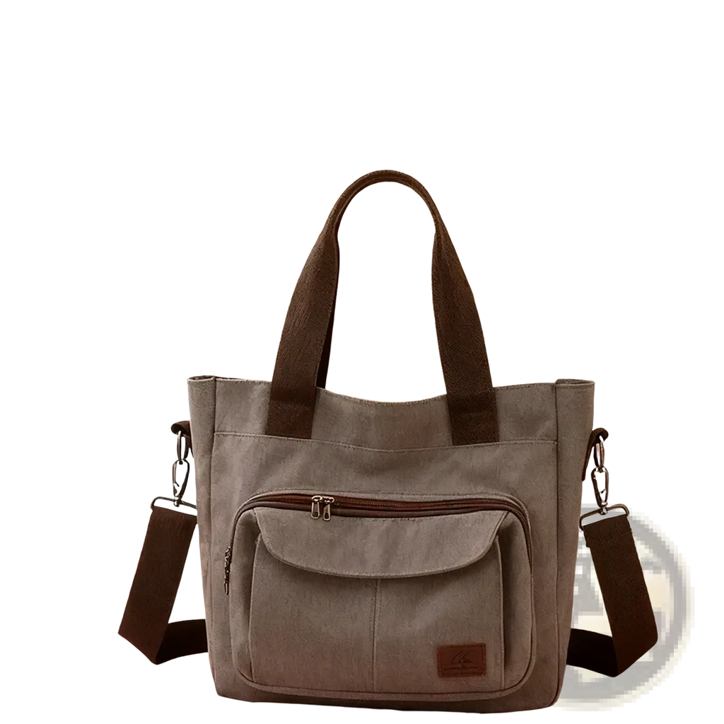 Gray canvas women’s large tote bag with brown fabric handles and shoulder strap multipocket work handbag