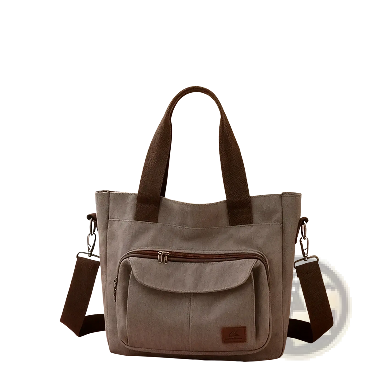 Gray canvas women’s large tote bag with brown fabric handles and shoulder strap multipocket work handbag
