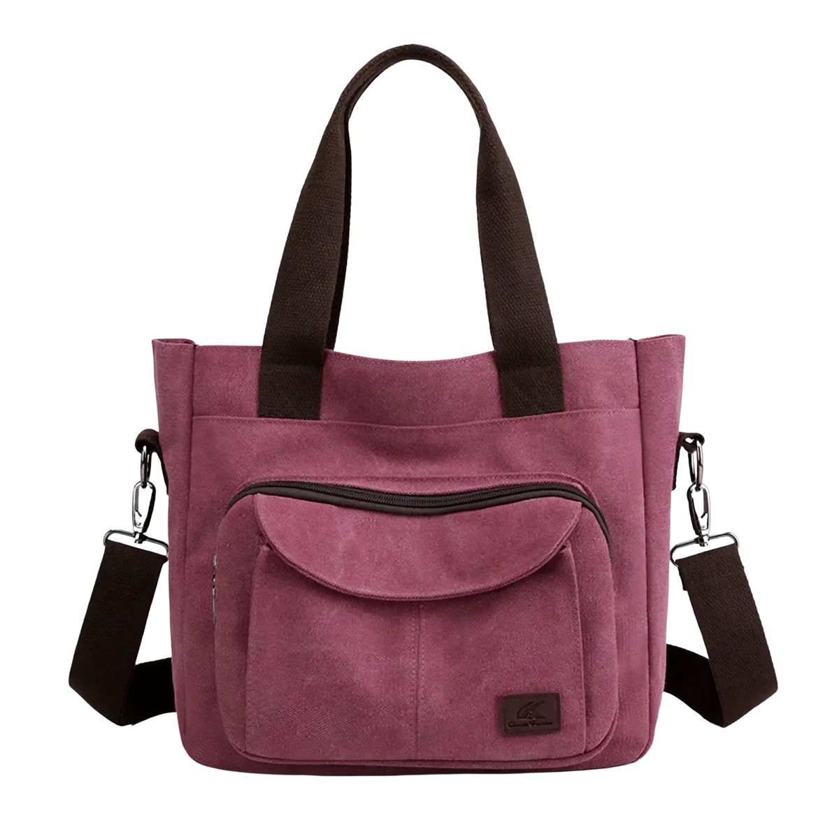 A mauve canvas tote bag with dark brown handles and a front zippered pocket for multipocket work use