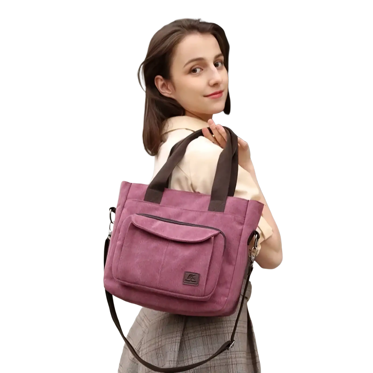 Purple canvas tote bag with dark brown straps multipocket design ideal for work shoulder handbag use
