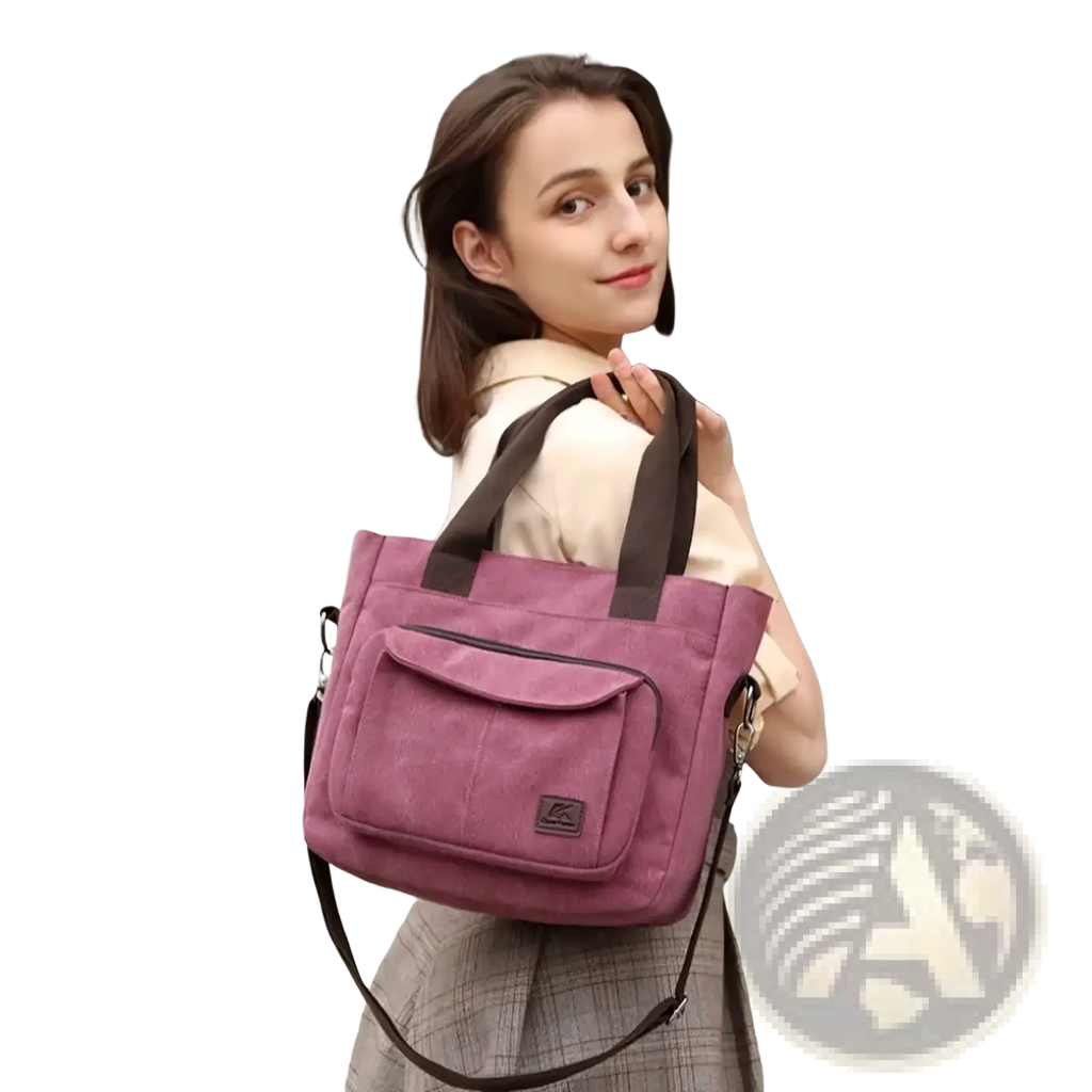 Purple canvas tote bag with dark brown straps multipocket design ideal for work shoulder handbag use
