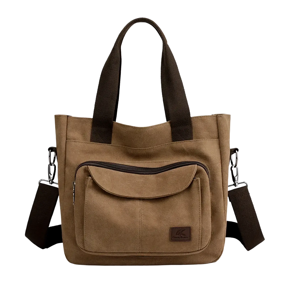 Tan canvas tote bag with dark brown handles and adjustable shoulder strap multipocket work handbag