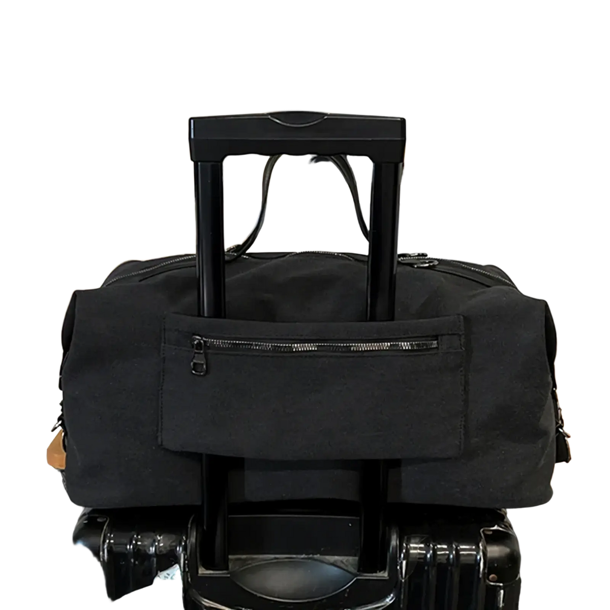 Black canvas travel duffel bag with large capacity waterproof material, front zippered pocket, and retractable handle