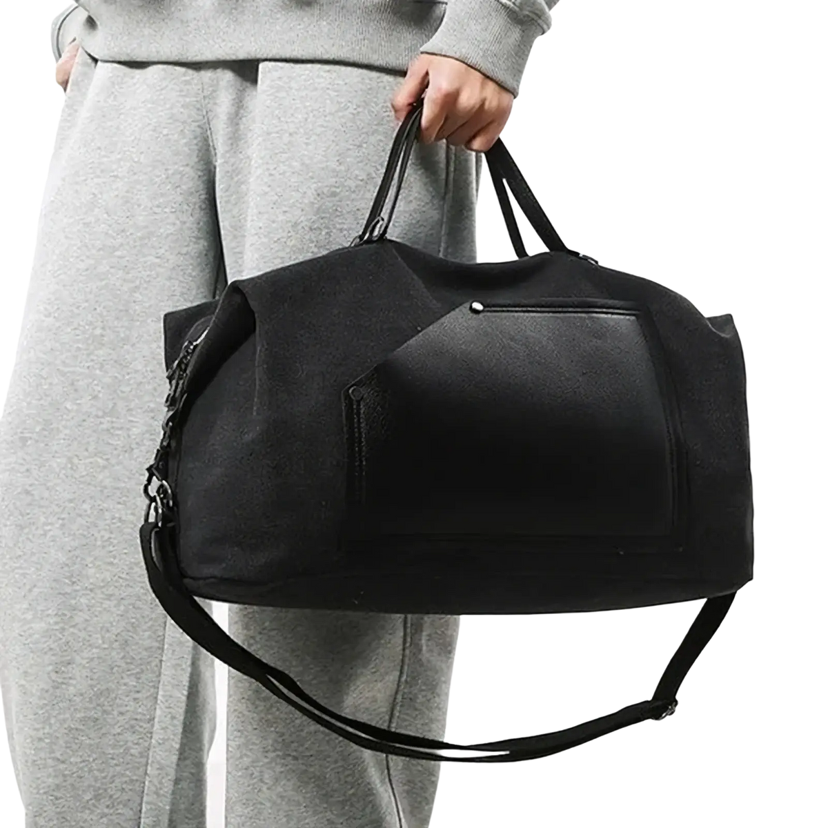 Black canvas travel duffel bag with large capacity waterproof design and textured front panel with adjustable strap