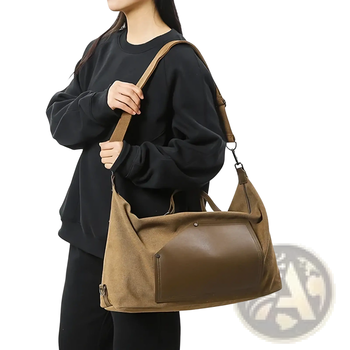 Tan suede and leather hobo bag with front flap closure shown with canvas travel duffel bag large capacity waterproof shoulder tote