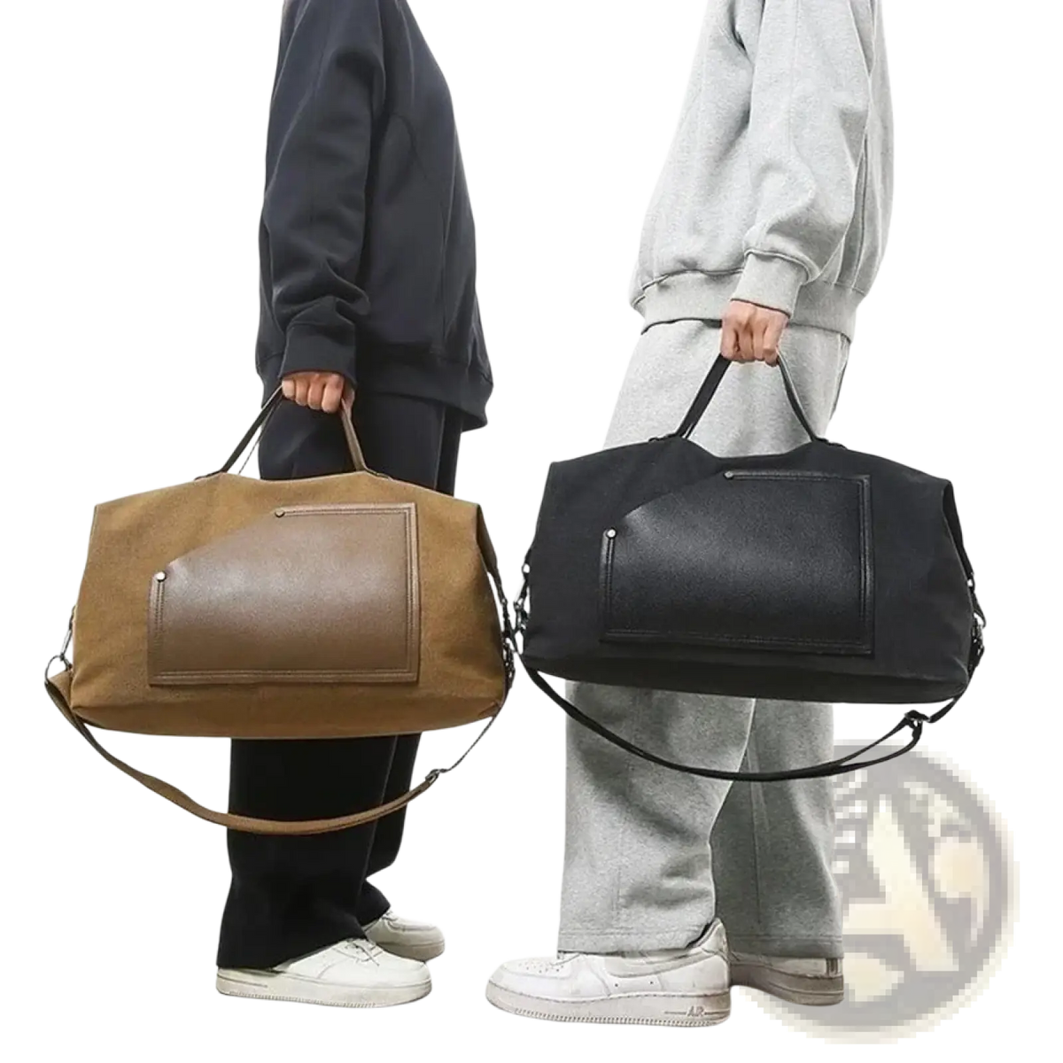 Tan and black canvas travel duffel bags with leather accents large capacity waterproof shoulder tote