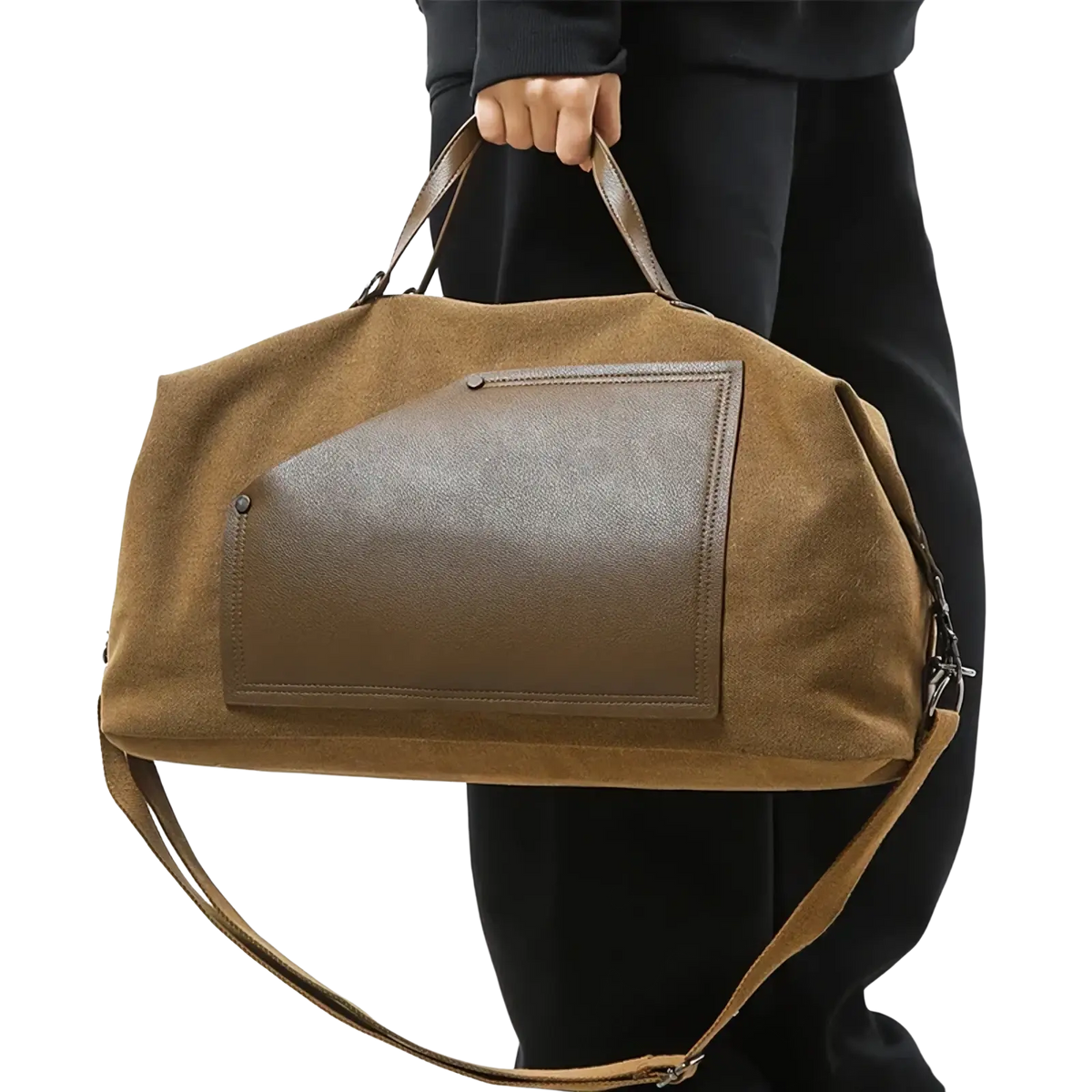 Tan suede canvas travel duffel bag with large capacity and dark brown leather patch for shoulder tote use