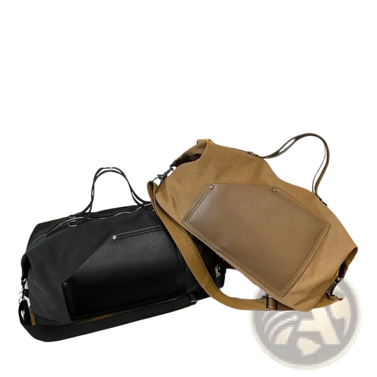 Tan canvas travel duffel bag with a brown leather patch and adjustable shoulder strap large capacity and waterproof