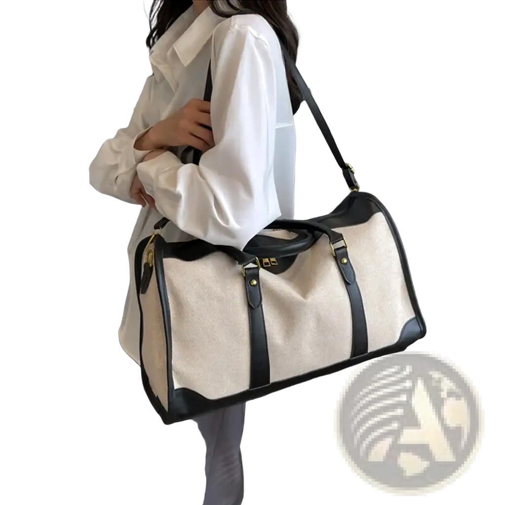 Beige and black canvas travel duffel bag with leather straps and gold-tone hardware for large gym luggage use